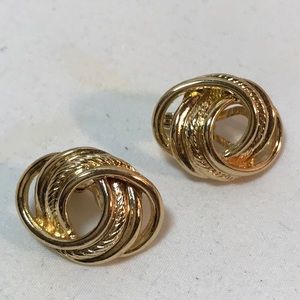 HMN clip on earrings, vintage gold tone, love knots, about 1 in length